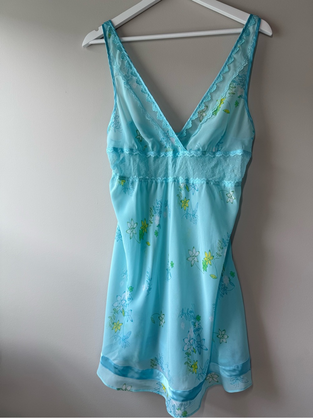 Victoria’s Secret Aqua Floral Satin Lace Babydoll Nightgown Size Medium